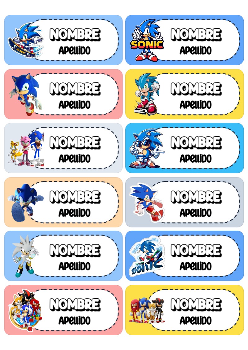 Etiquetas de SONIC para primaria y preescolar - con colores vivos y llamativos