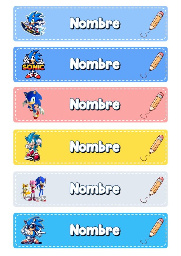 Etiquetas personalizadas de SONIC para imprimir en A4 - ideal para el nuevo año escolar