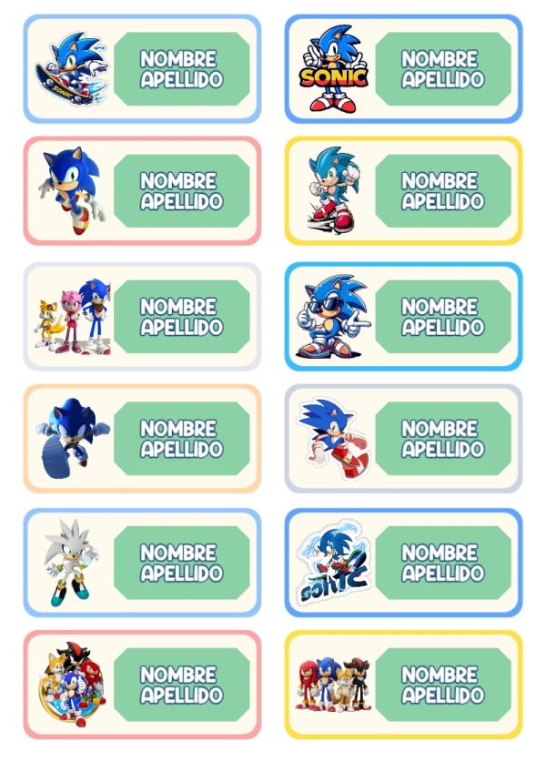 Etiquetas escolares de SONIC listas para recortar - ideal para el nuevo año escolar