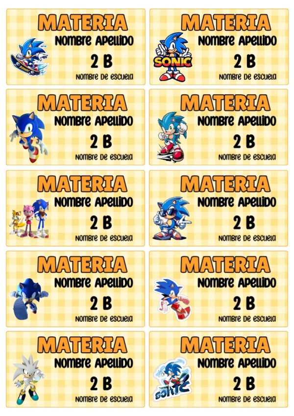 Etiquetas de SONIC para cuadernos y útiles escolares - estilo único para estudiantes