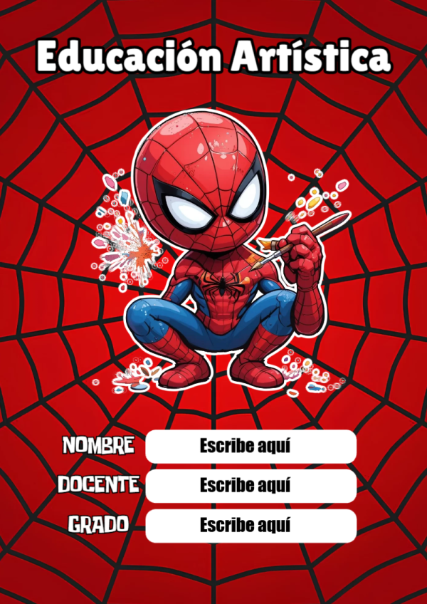 Portada de Spiderman de Educación Artística para cuaderno con diseño escolar - formato digital listo para usar