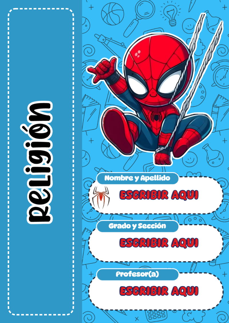 Portada de Spiderman de Religión para cuaderno llamativa y bonita - formato digital listo para usar