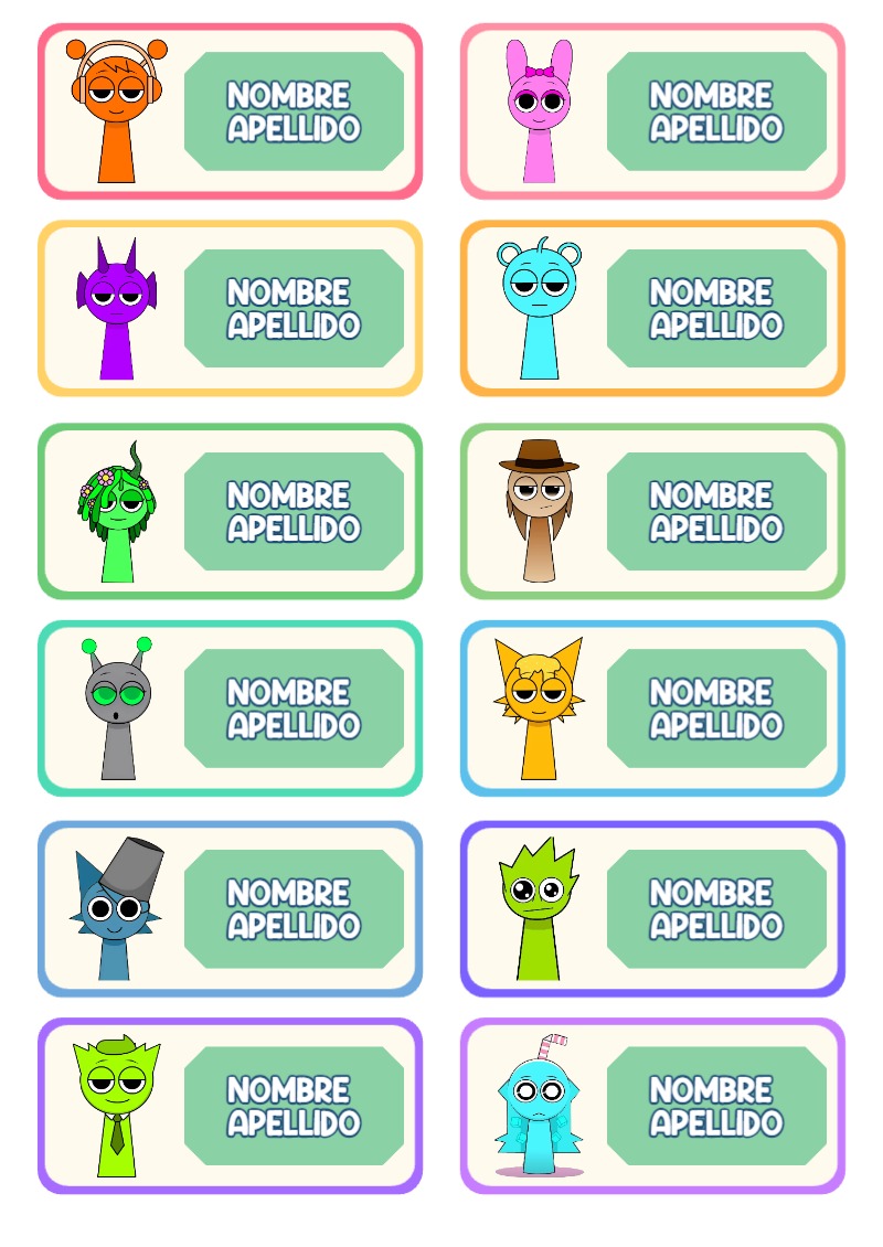 Etiquetas de Sprunki Escolares para primaria y preescolar - diseño exclusivo y original