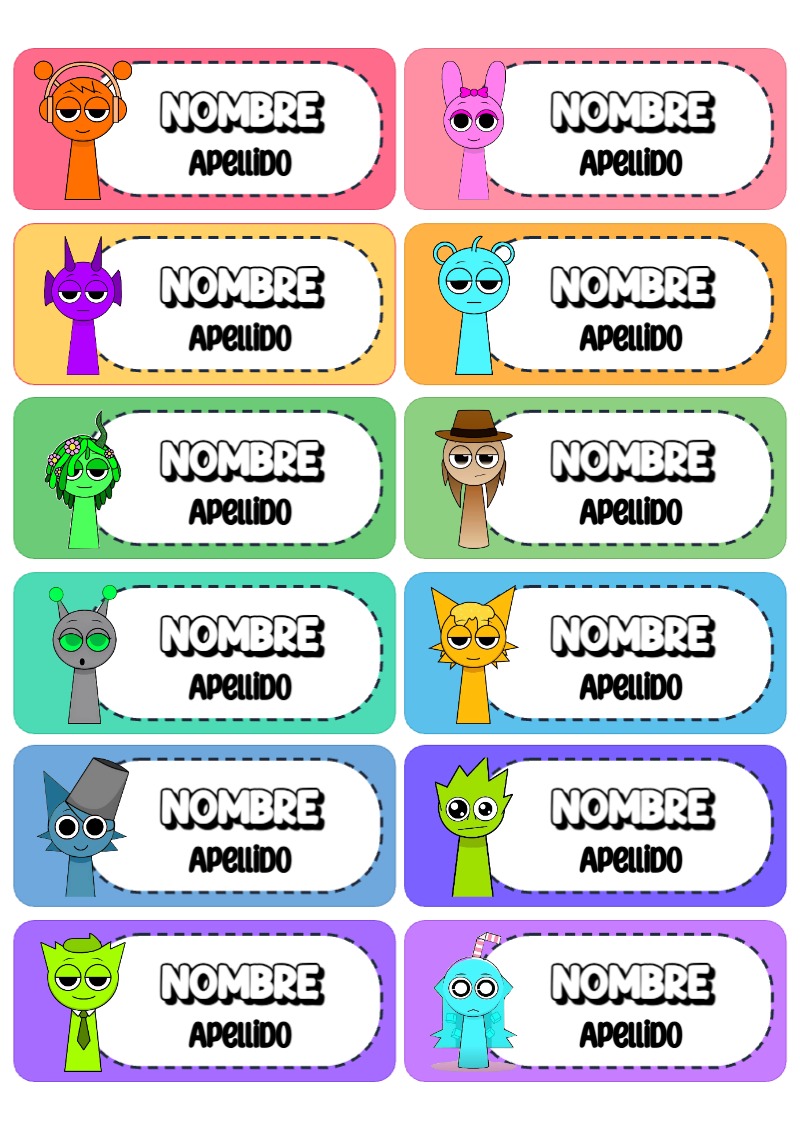 Etiquetas bonitas de Sprunki para el nuevo año escolar - disponible para descarga gratuita