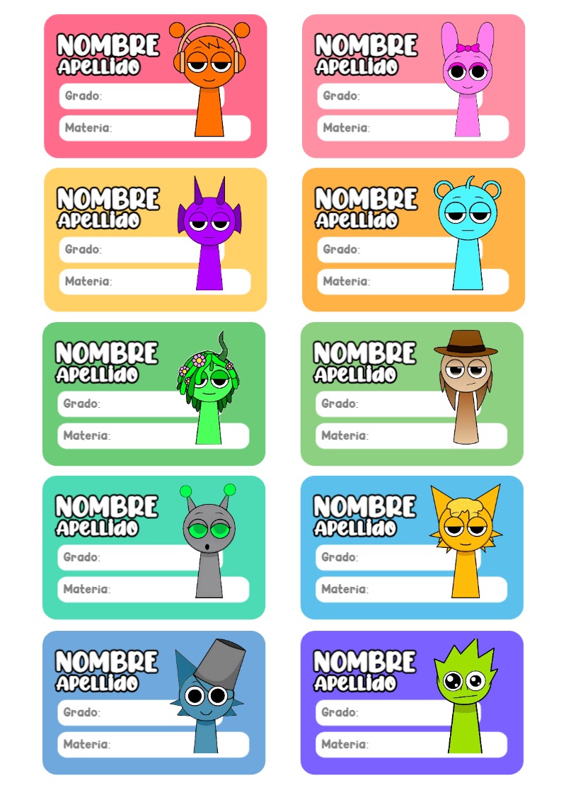 Etiquetas de Sprunki para cuadernos y útiles escolares - con colores vivos y llamativos