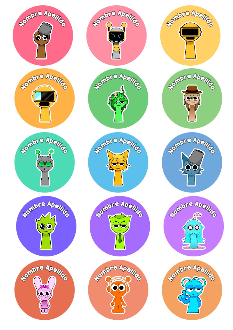 Etiquetas personalizadas de Sprunki para imprimir en A4 - creación especial de Mini Canva