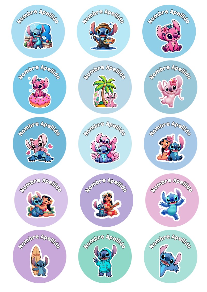 Plantilla de etiquetas escolares de Stitch para imprimir - con colores vivos y llamativos