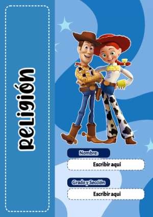 Portada de Toy Story de Religión para cuaderno en formato A4 - tendencia educativa 2026