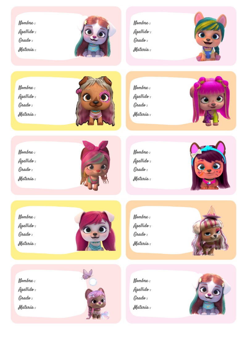 Etiquetas escolares de vip Pets Perritos bonitas para imprimir - ideal para el nuevo año escolar